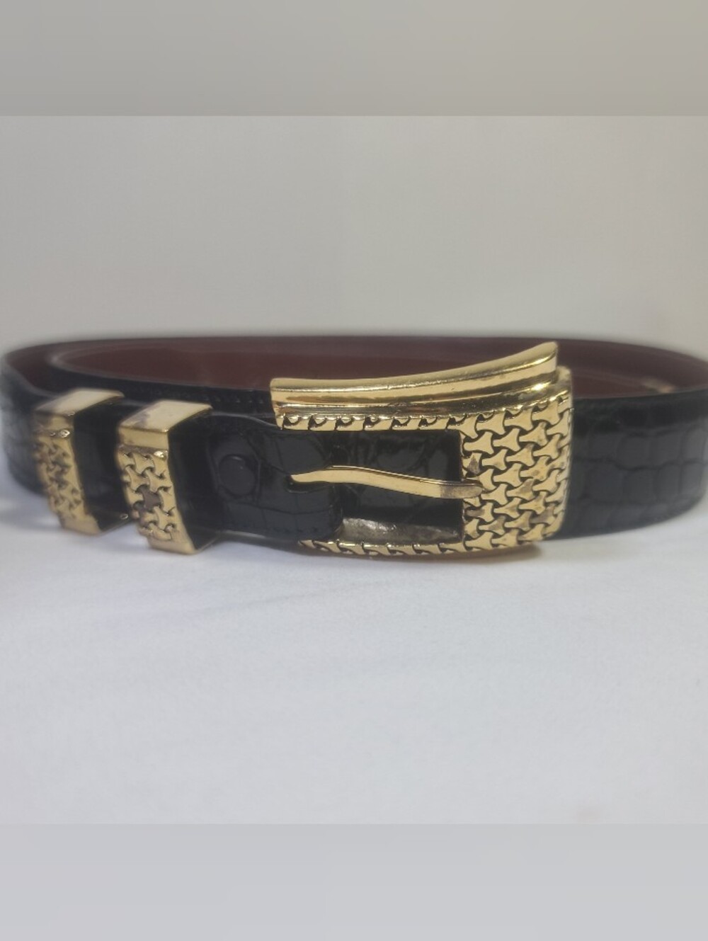 Alexander’s Sterling Silver Gold Plated Black Alligator Belt & Buckle USA Sz 34